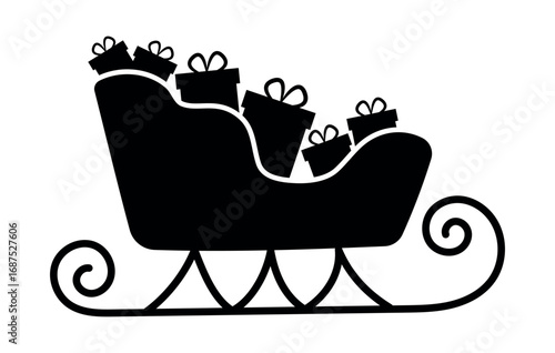 Christmas sleigh silhouette with gift boxes. Festive holiday decoration, Santa sleigh symbol, winter celebration design, New Year element, traditional seasonal illustration.