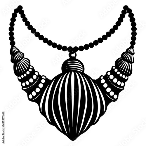 Elegant black and white tribal necklace design, a striking pendant with beaded chain for fashion and cultural art projects