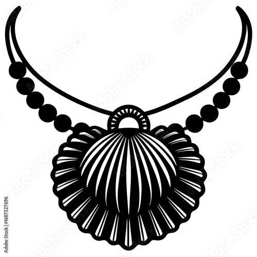 Elegant seashell pendant necklace design with beaded strand, a striking statement piece evoking coastal charm and sophisticated style for fashion-forward individuals seeking unique adornments.