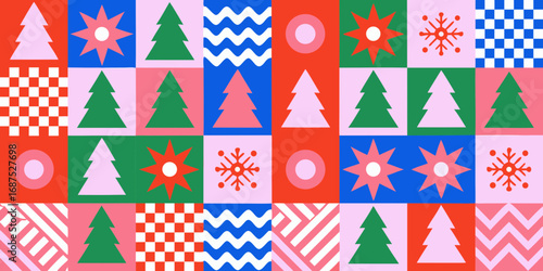 Retro christmas pattern with trees snowflakes and geometric shapes