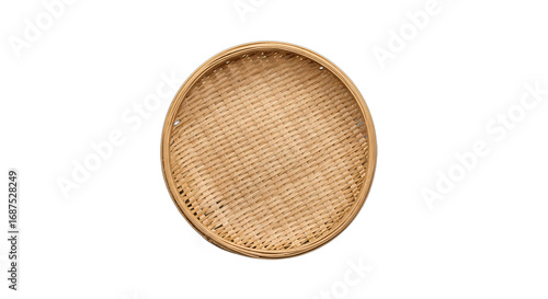 Round woven bamboo sieve, perfect for drying herbs, serving snacks, or as rustic kitchen decor. Essential for Asian cuisine, food preparation, harvest festivals, or sustainable living designs,