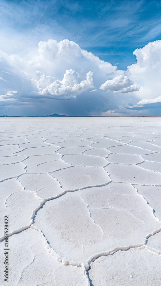 Obraz premium Vast Cracked Salt Flat Under Dramatic Cloudy Sky