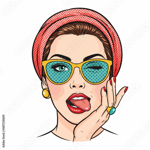 A vibrant pop art illustration featuring a stylish woman with sunglasses and a headscarf, playfully winking and sticking her tongue out against a white backdrop.