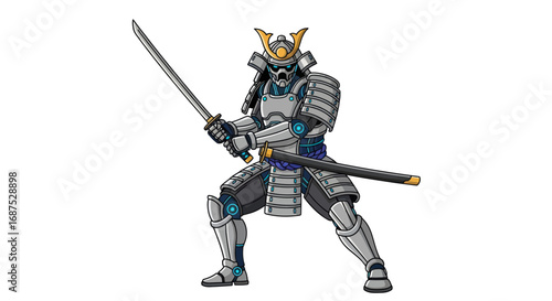 Powerful Japanese Samurai Warrior in Full Armor with Katana Sword.
