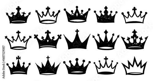 Set of elegant hand drawn black crowns collection on white background