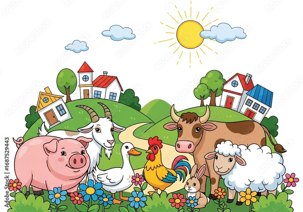 Naklejka premium Farm Animals in a Sunny Field A Cheerful Cartoon Illustration for Children's Content