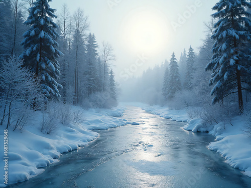 “HD winter photography of a frozen forest with a river cutting through, ice shimmering with sunlight, snow-covered trees in sharp detail, cinematic cold tones.”