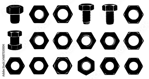 Collection of silhouette nuts and bolts for industrial design projects