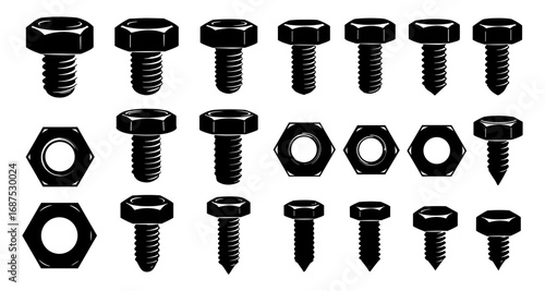 Silhouette collection of bolts and nuts in black and white design