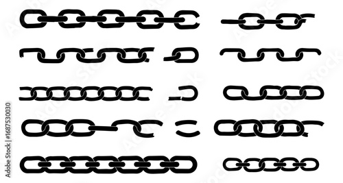 Broken chain collection: black silhouette designs of linked and unlinked chains