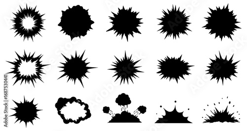 Collection of black silhouette comic explosion shapes for dynamic designs