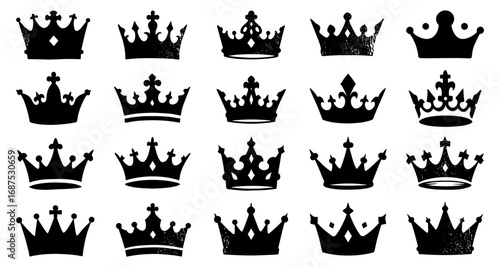 Set of grunge silhouette crowns in various designs