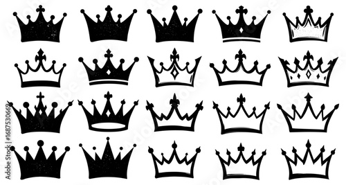 Set of vintage black crowns icons in a grunge style collection