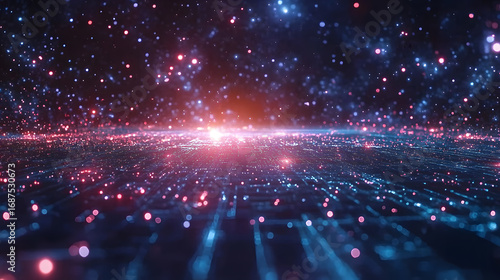 An abstract digital landscape with glowing particles and lights illustrating a technological or futuristic concept