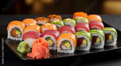 Assorted Sushi Rolls with Salmon Tuna and Avocado on Black Tray Featuring Pickled Ginger Wasabi and Warm Lighting in Dark Background