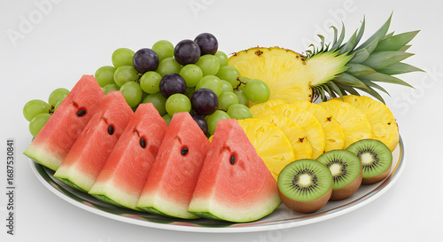 Assorted Fruit Platter with Watermelon Grapes Kiwi and Pineapple on White Background with Natural Lighting, Studio Shot, Fresh Summer Dessert