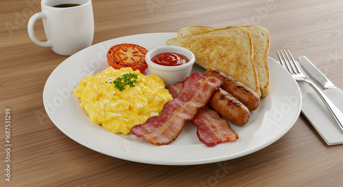Full English Breakfast on White Plate with Toast Bacon Sausages and Scrambled Eggs with Coffee Cup