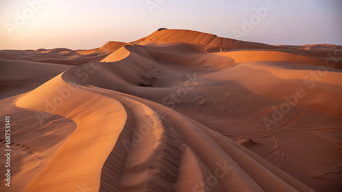Fototapeta Naklejka Na Ścianę i Meble -  Golden desert sand dunes with rippled textures at sunset image