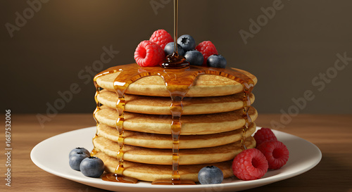 Stack of Golden Pancakes Topped with Fresh Berries and Dripping Maple Syrup on Rustic Wooden Table with Neutral Brown Background