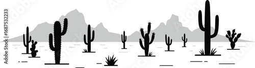desert landscape with cacti mountains and sparse vegetation