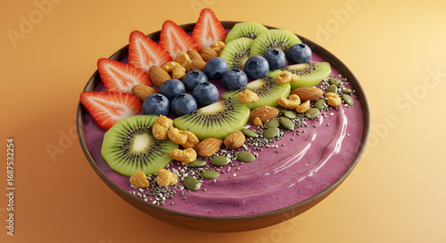 Vibrant Smoothie Bowl with Strawberries Kiwi Blueberries and Nuts on a Warm Tan Background in Bright Lighting