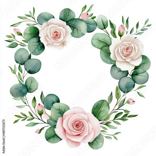 Romantic flower wreath, roses and eucalyptus leaves, watercolor design