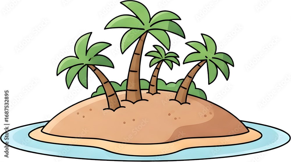 Obraz premium A small tropical island with several palm trees, surrounded by blue ocean water. A peaceful and exotic paradise scene, perfect for travel and vacation themes.