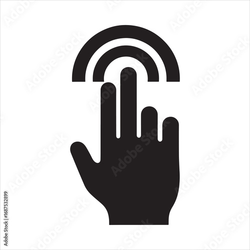 Black silhouette icon of a hand touching a signal radiating from a curved line finger click