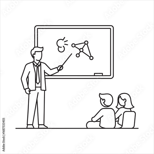 Teacher pointing at molecular structure on whiteboard to students teaching education