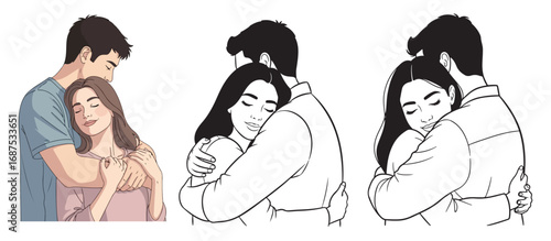 Vector illustration set of a loving couple hugging in different styles.