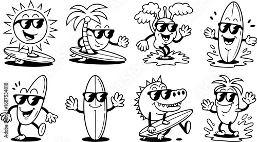 Retro Cartoon Surfing Characters Black and White Vector Illustration