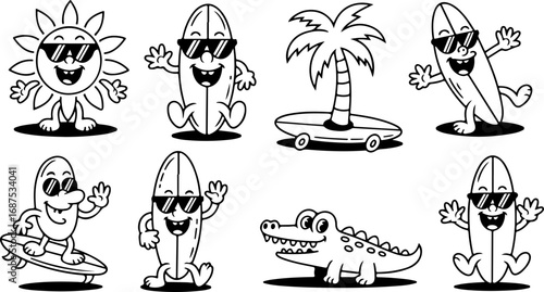 Retro Cartoon Surfing Characters Black and White Vector Illustration