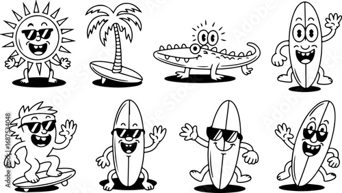 Retro Cartoon Surfing Characters Black and White Vector Illustration