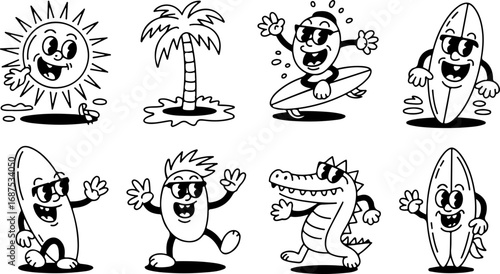 Retro Cartoon Surfing Characters Black and White Vector Illustration