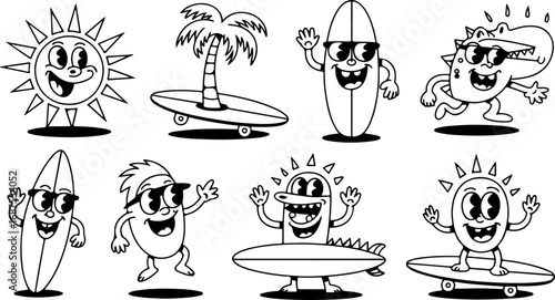 Retro Cartoon Surfing Characters Black and White Vector Illustration