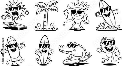 Retro Cartoon Surfing Characters Black and White Vector Illustration