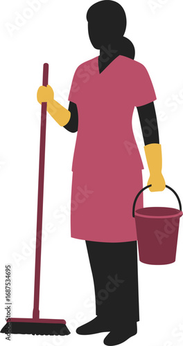a woman holding broom and bucket ready for cleaning