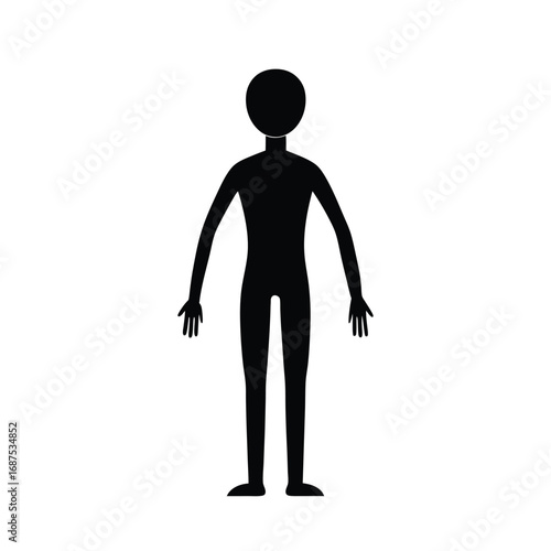 Human body silhouette, Minimalist human figure symbol, outline figure, patient front view contour. Isolated vector monochrome male shapes, standing full height.