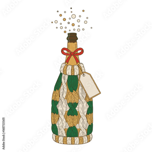 Knitted cover for a bottle of champagne — New Year's illustration