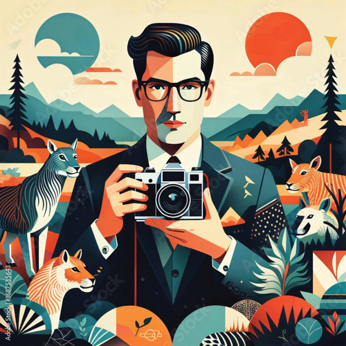 Stylish man holding vintage camera surrounded by wild animals  