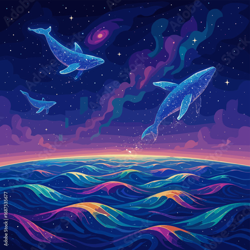 Whales gracefully breach a shimmering, cosmic ocean, ascending into a vibrant, star-filled sky, creating a magical fusion of marine life and celestial wonder
