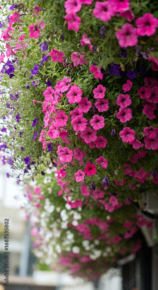 Fototapeta premium Vibrant hanging baskets of petunia flowers.