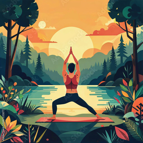 Woman practicing yoga on mat by serene lake at sunset  