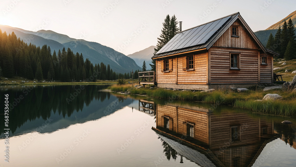 Obraz premium side view photo of a wooden off-grid cottage with solar panels on the roof, located right at the edge of a mountain lake