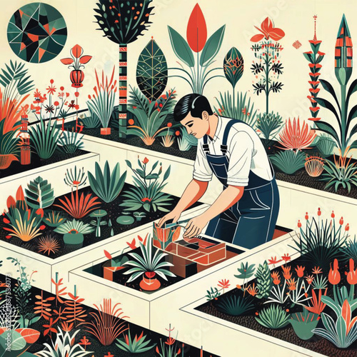 Man gardening and planting in a colorful urban garden  