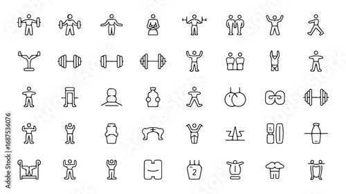 A collection of clean, modern fitness and gym icons designed with thin lines and fully editable strokes for versatile use.