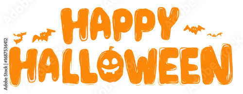 Happy Halloween text banner design template with scary halloween pumpkin isolated on white background. Halloween party lettering logo, label, sticker, poster and banner design