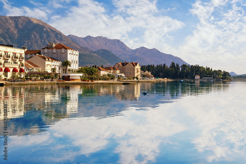 Naklejka premium Beautiful winter Mediterranean landscape. Montenegro, Adriatic Sea. View of Tivat city and Bay of Kotor