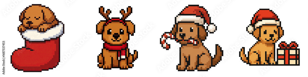 Fototapeta premium Christmas pixel art features animals like dogs with festive hats and gifts creating joyful holiday scene in charming pixel style