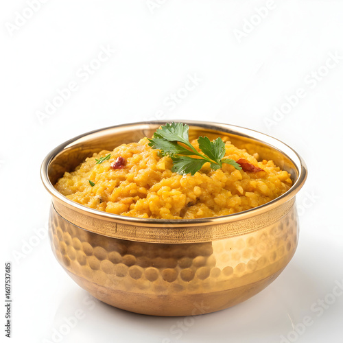 Nutritious chana dal khichdi served in a brass bowl. A wholesome Indian comfort food